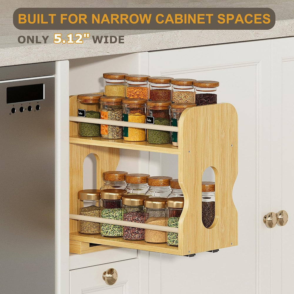 Bamboo Pull-Out Spice Rack for Cabinet, 5.12" Narrow 2-Tier Organizer