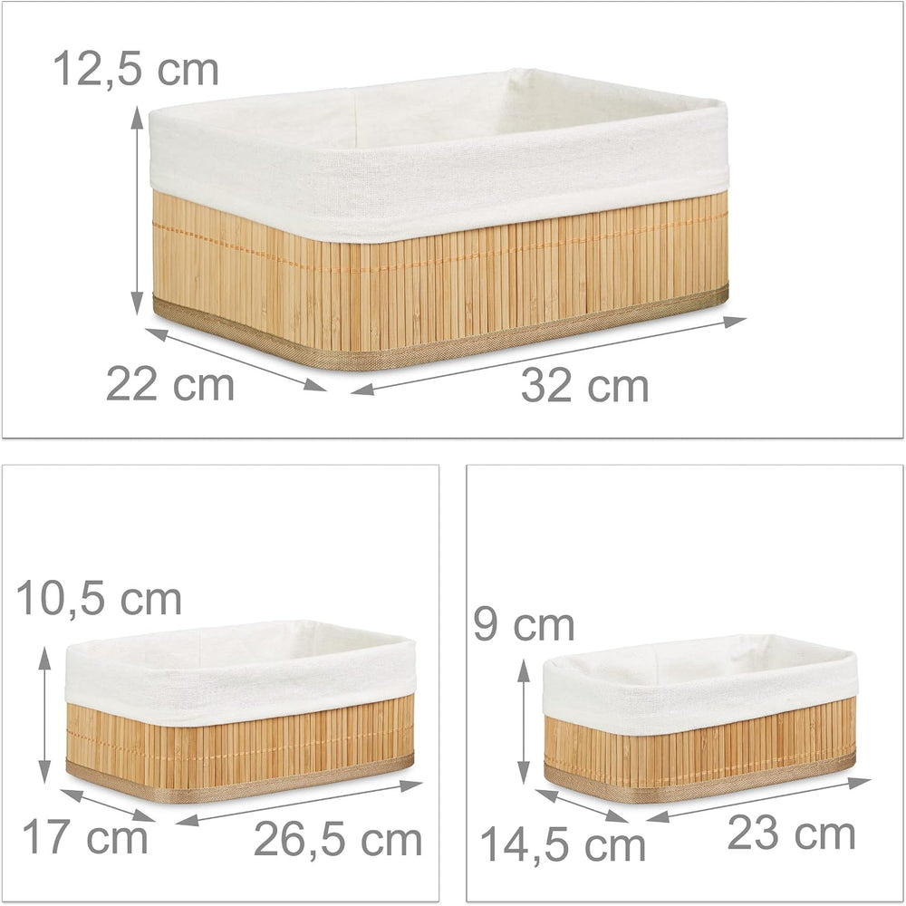Relaxdays Bamboo Set of Shelf Baskets, 12.5 x 32 x 22 cm, Rectangular, 3 Stor...