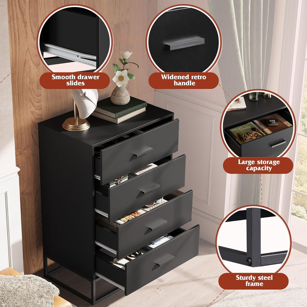 WLIVE Black Dresser for Bedroom with 4 Drawers, Tall Dresser with Sturdy Meta...