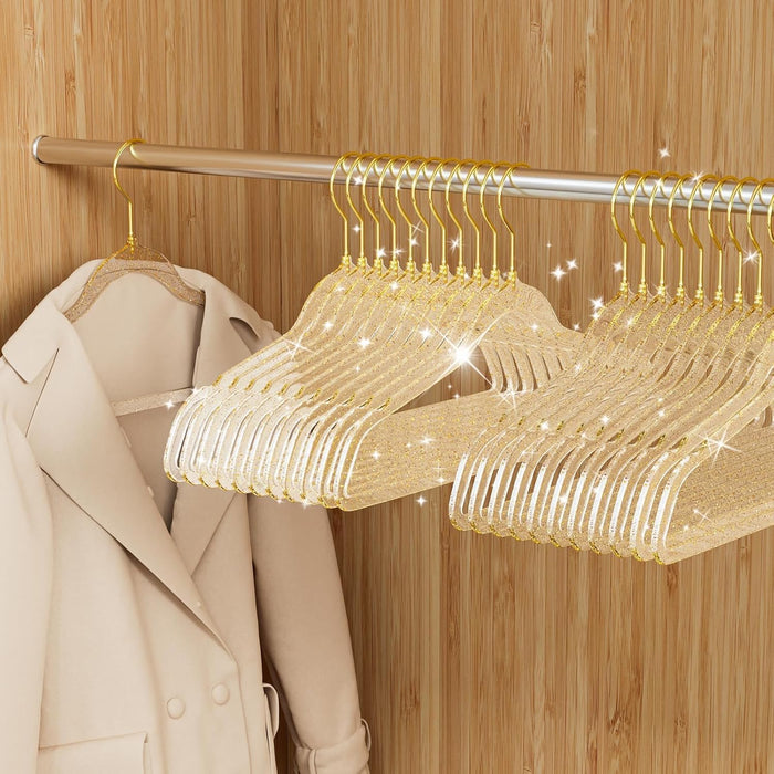 100 Pack Clear Acrylic Hangers with Gold Glitter, Space Saving