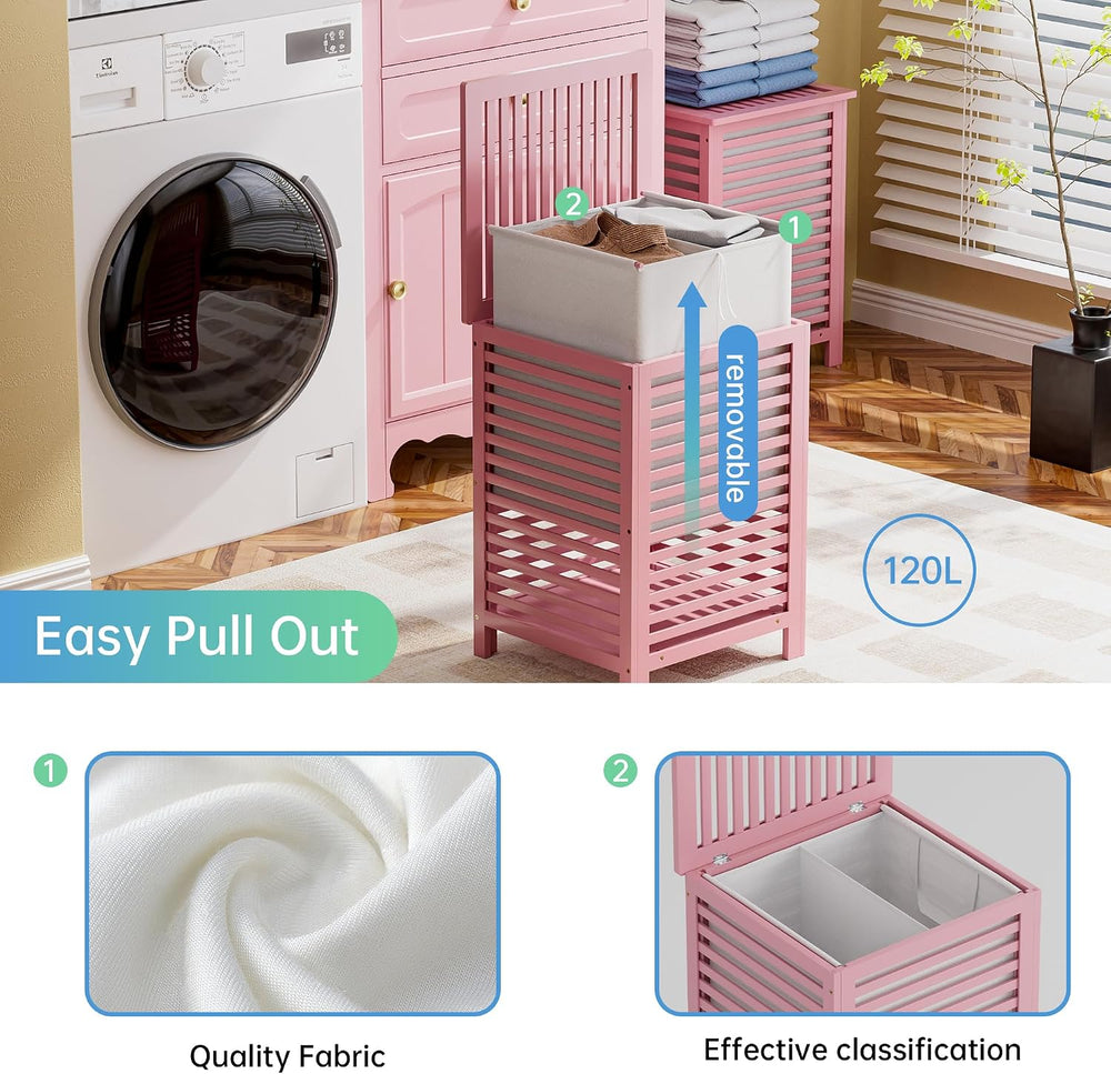 SMIBUY Double Laundry Hamper with Lid, 120L Bamboo Laundry Basket with Remova...