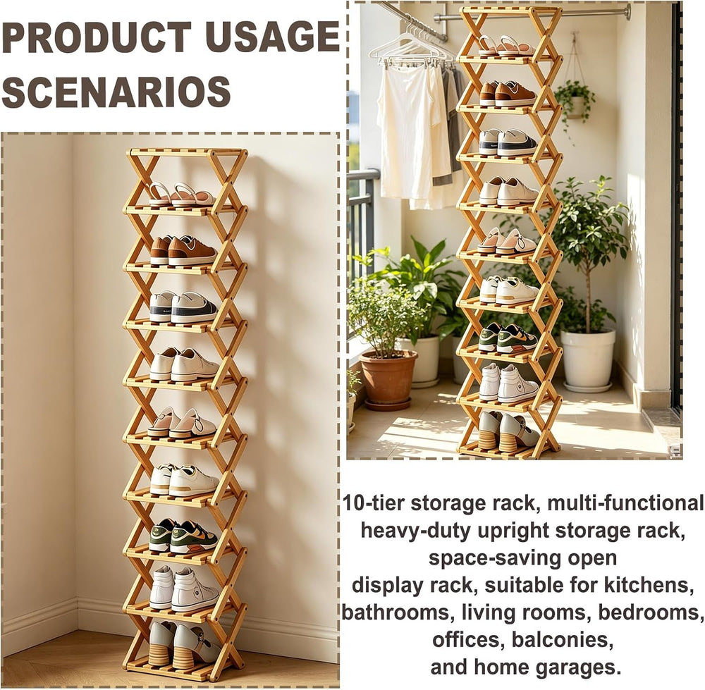 10 Tier Bamboo Shoe Rack, Foldable 10 Tier Bamboo Corner Shoe Rack,Small Shoe...