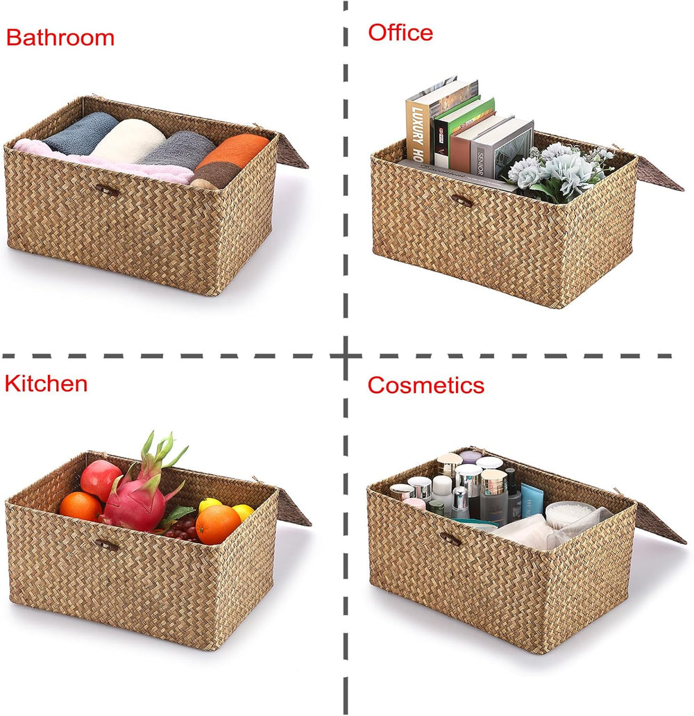 Hipiwe Wicker Shelf Baskets Bin with Lid Woven Storage Box, Coffee X-Large