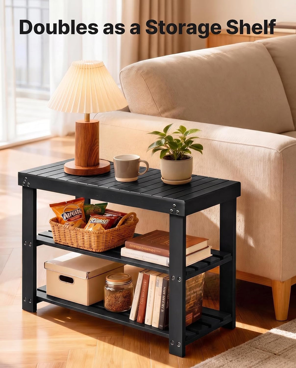 Amada 3 Tier Bamboo Shoe Rack Bench for Entryway, Living Room, Black