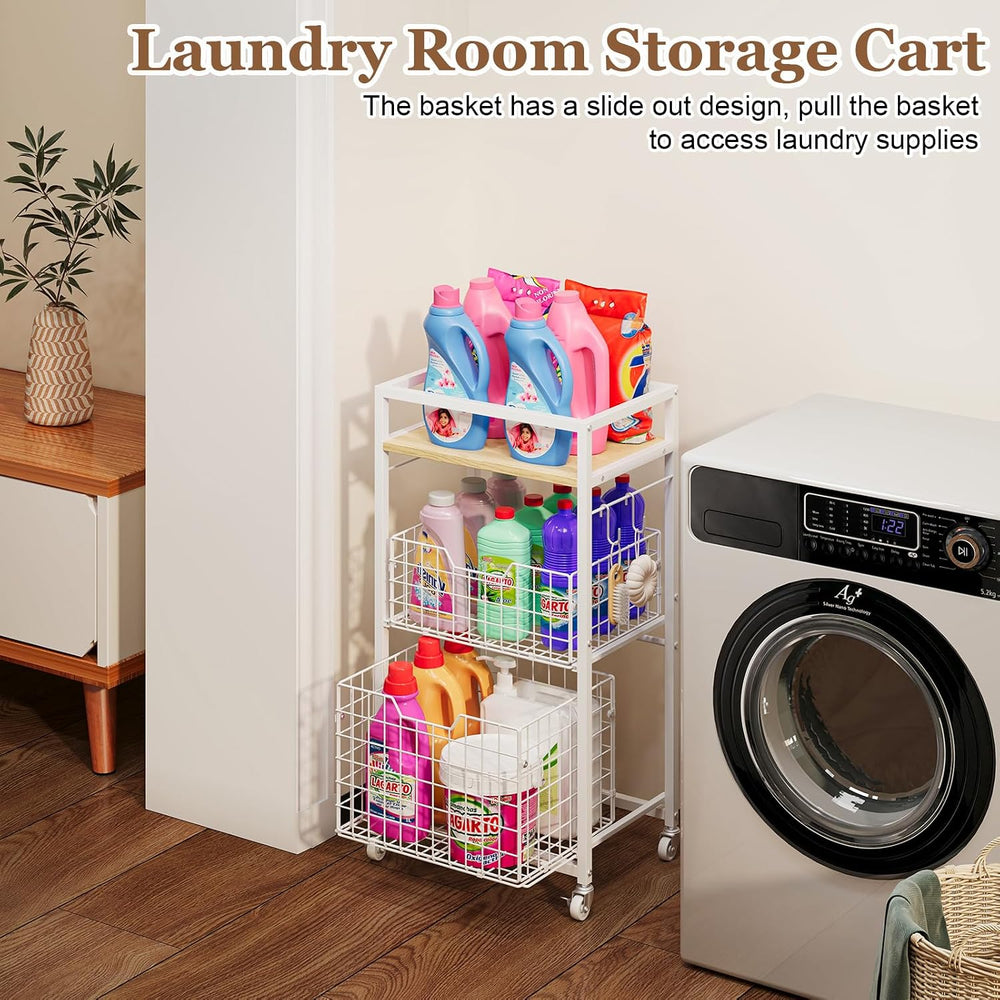 Hongtamoya 3 Tier Laundry Room Cart with Pull-Out Baskets, Storage Cart with ...