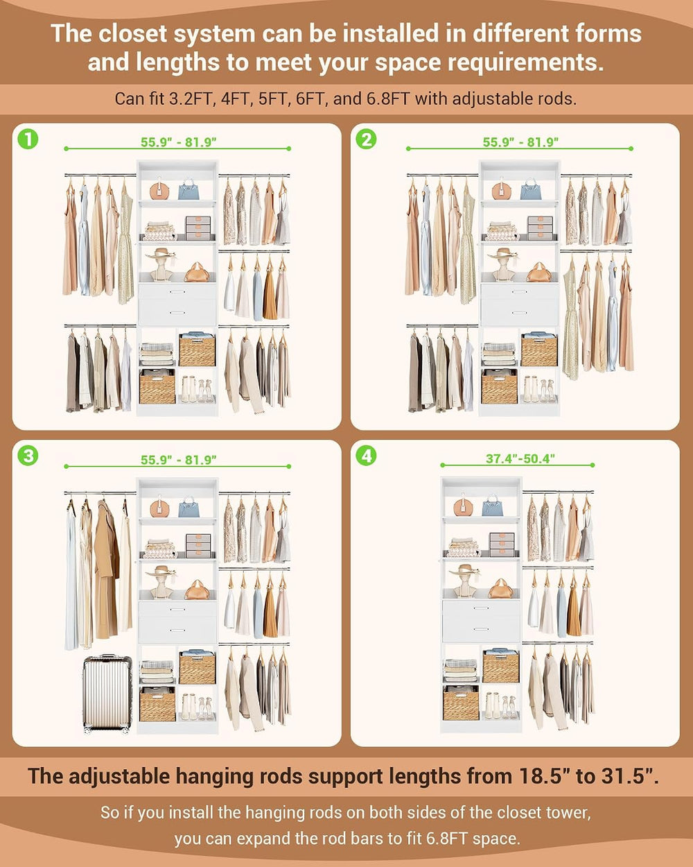 Besiost Small Closet System 3.2-6.8FT Closet Organizer with Wooden Drawers