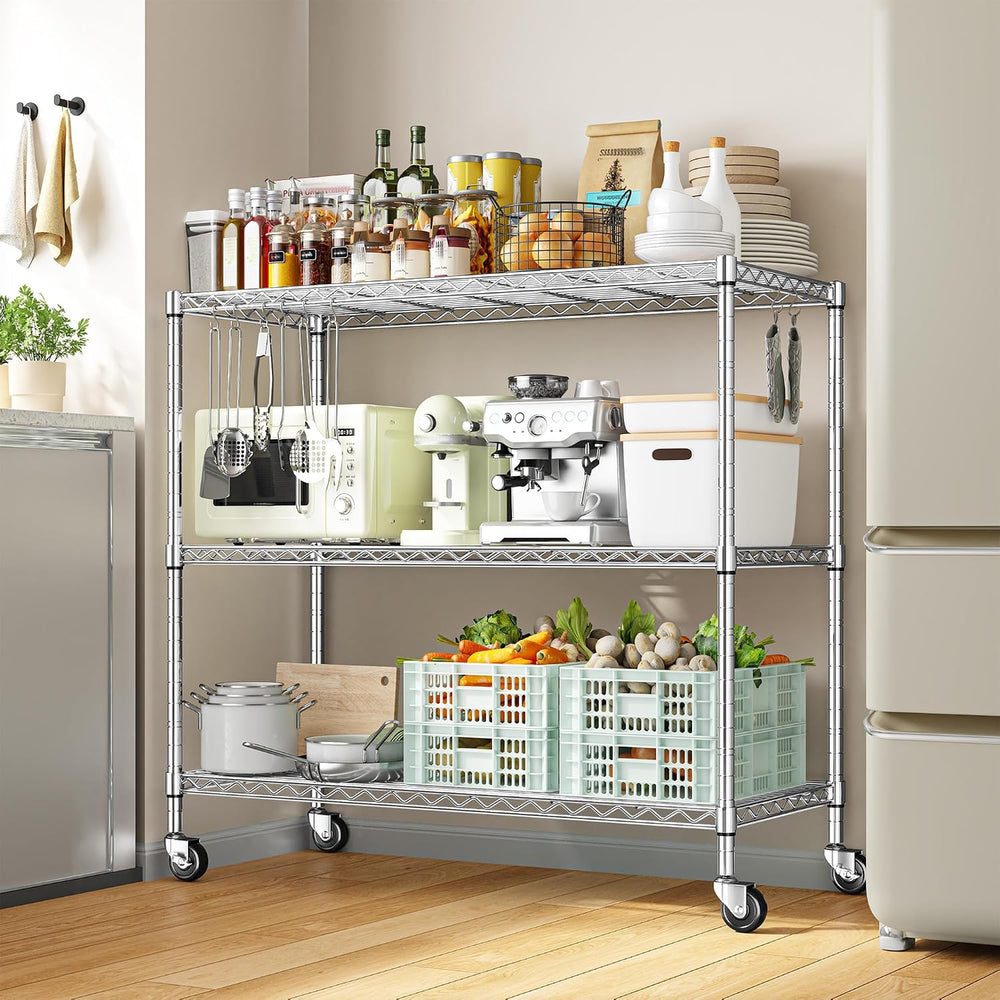 DurayLoly 45" W 3-Tier Metal Shelf on Wheels,450lbs,Kitchen, Laundry,Garage