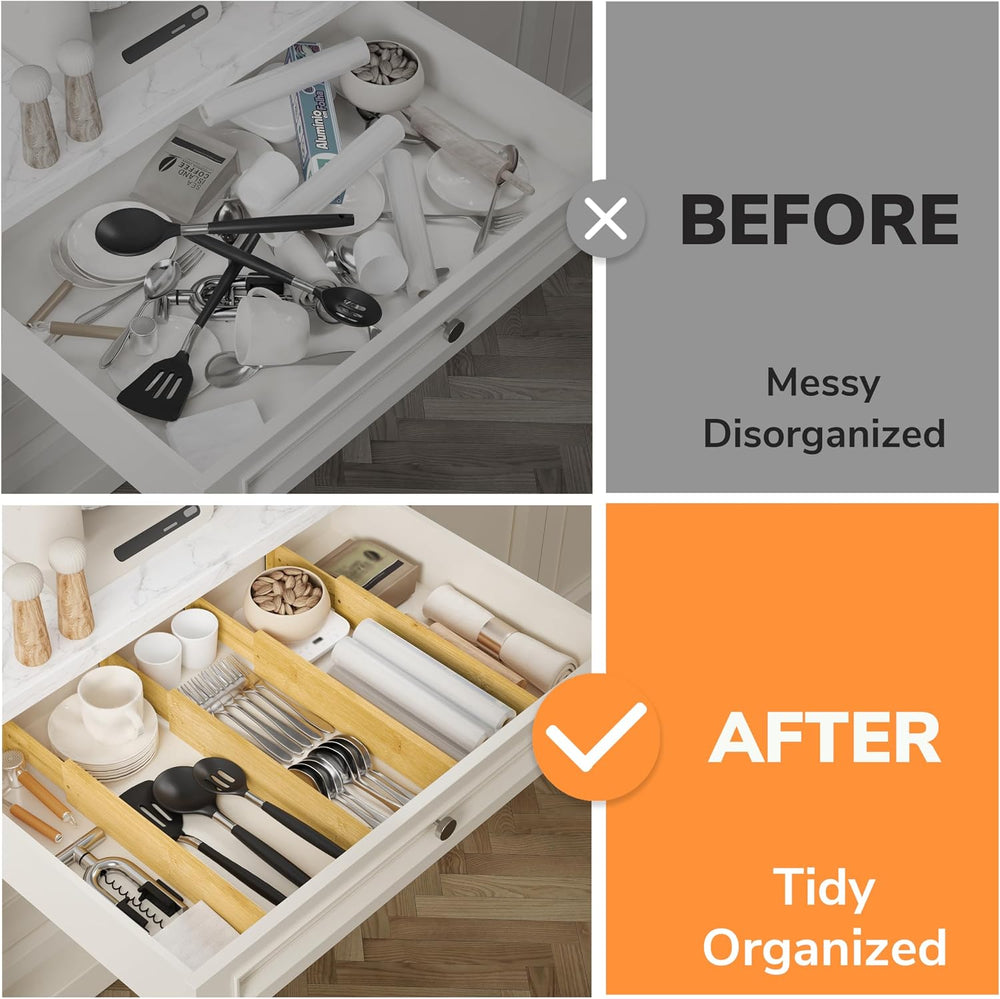 BAMEOS Bamboo Expandable Drawer Dividers – Fits 16.65"–22" Drawers,...