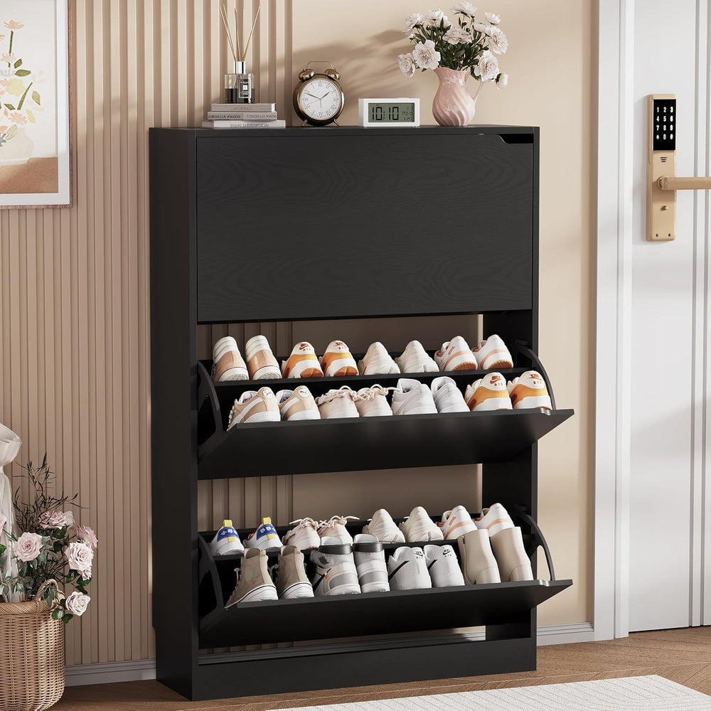 Shoe Storage Cabinet, Wood Shoe Organizer for Entryway with 3 Flip Drawers, F...