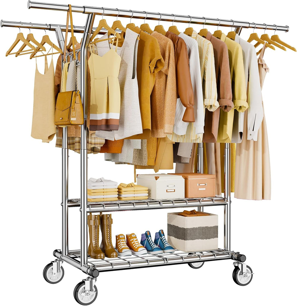 HYSEYY Heavy Duty Clothes Rack 620 LBS, Rolling Clothing Rack with Wheels
