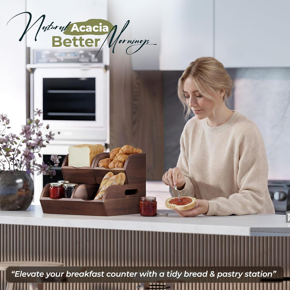 Acacia Wood Pantry Storage Bins - Stackable Open Front Kitchen Baskets