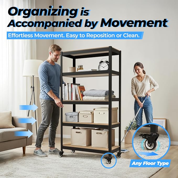 HOMEDANT House 5-Tier Metal Rolling Cart Shelf Rack Casters Heavy Duty