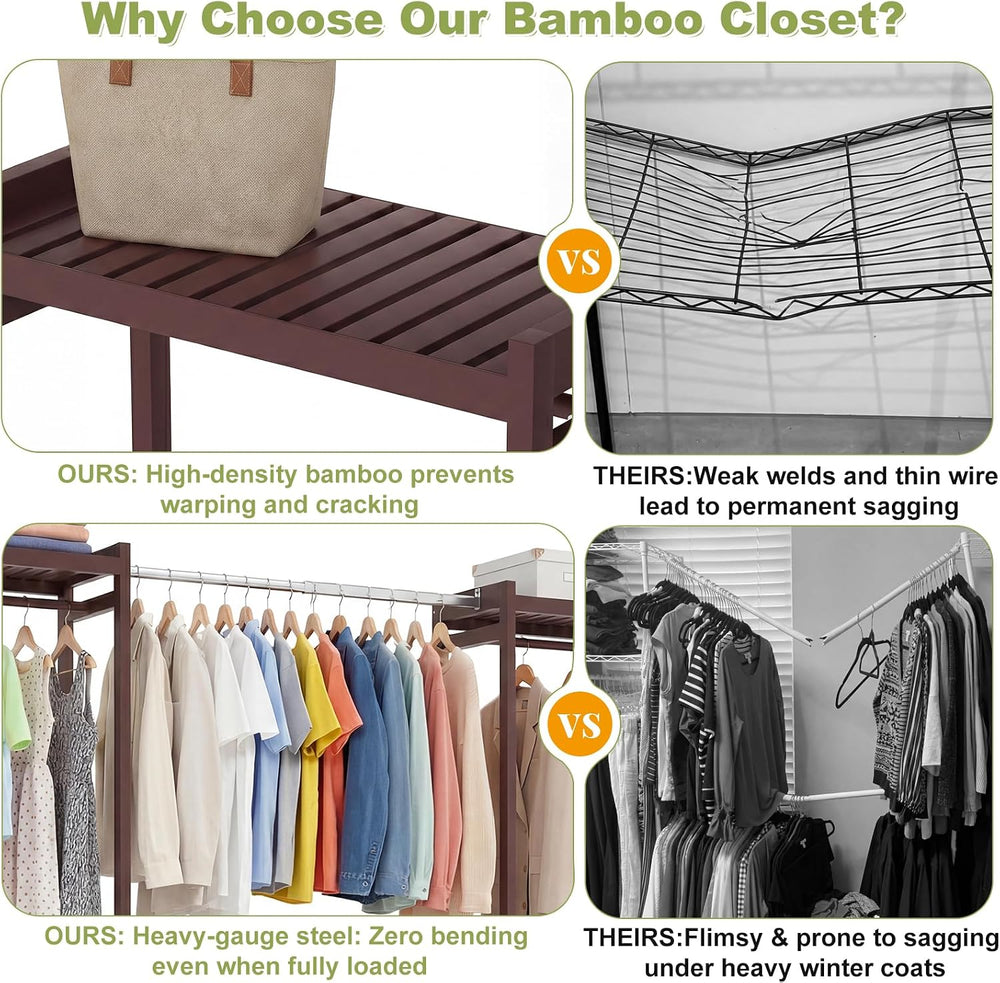 Homykic Bamboo Clothing Rack, 74”-88” Expandable Closet System, Espresso