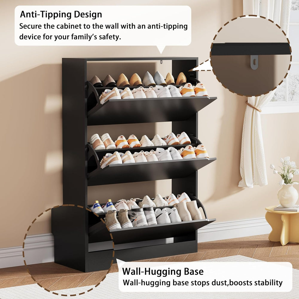 Shoe Storage Cabinet, Wood Shoe Organizer for Entryway with 3 Flip Drawers, F...