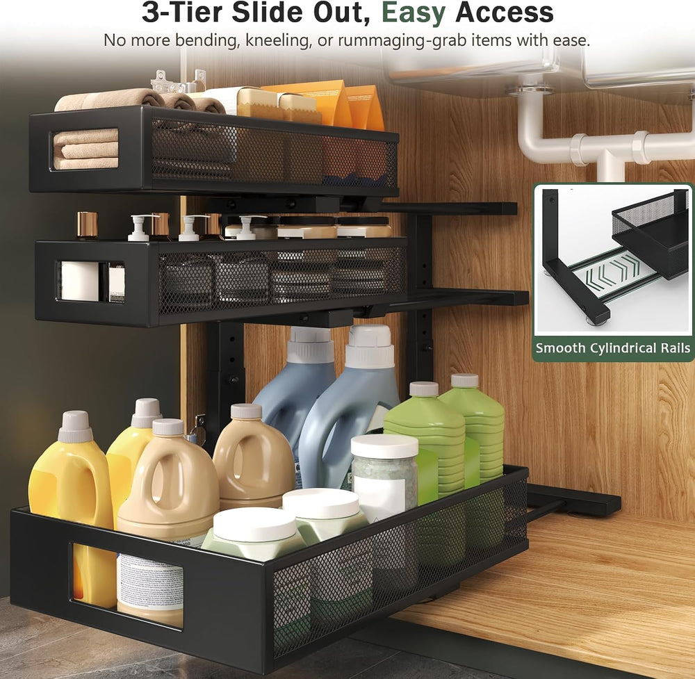 3-Tier Pull Out Under Sink Organizer,2-Pack Heavy Duty Metal Cabinet Organize...