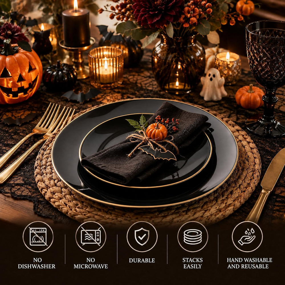WDF 150PCS Black Plastic Plates - Black and Gold Halloween Plates Disposable ...