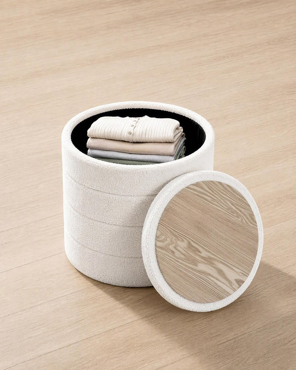 B FSOBEIIALEO Folding Storage Ottoman, Round Sherpa Ottomans, Cream White