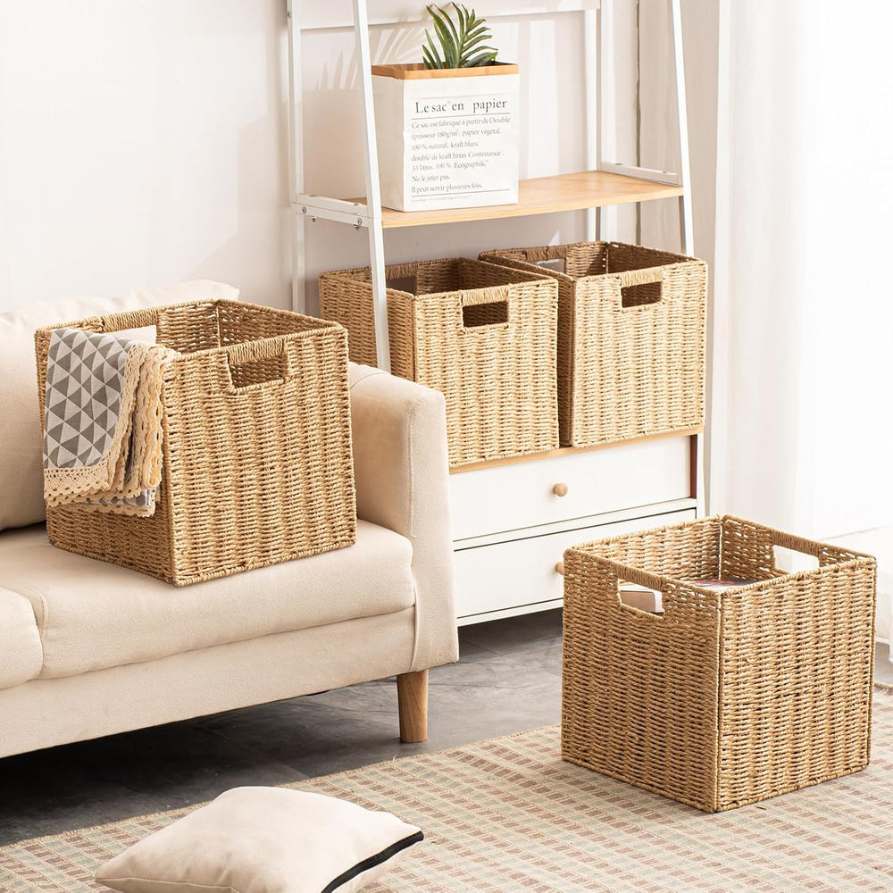 Foldable Storage Baskets with Handles Paper Rope Storage Baskets Rectangle Co...