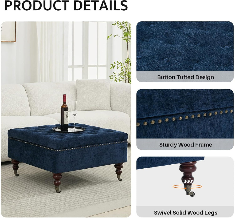 Large Square Storage Ottoman Tufted Button Coffee Table, Dark Blue