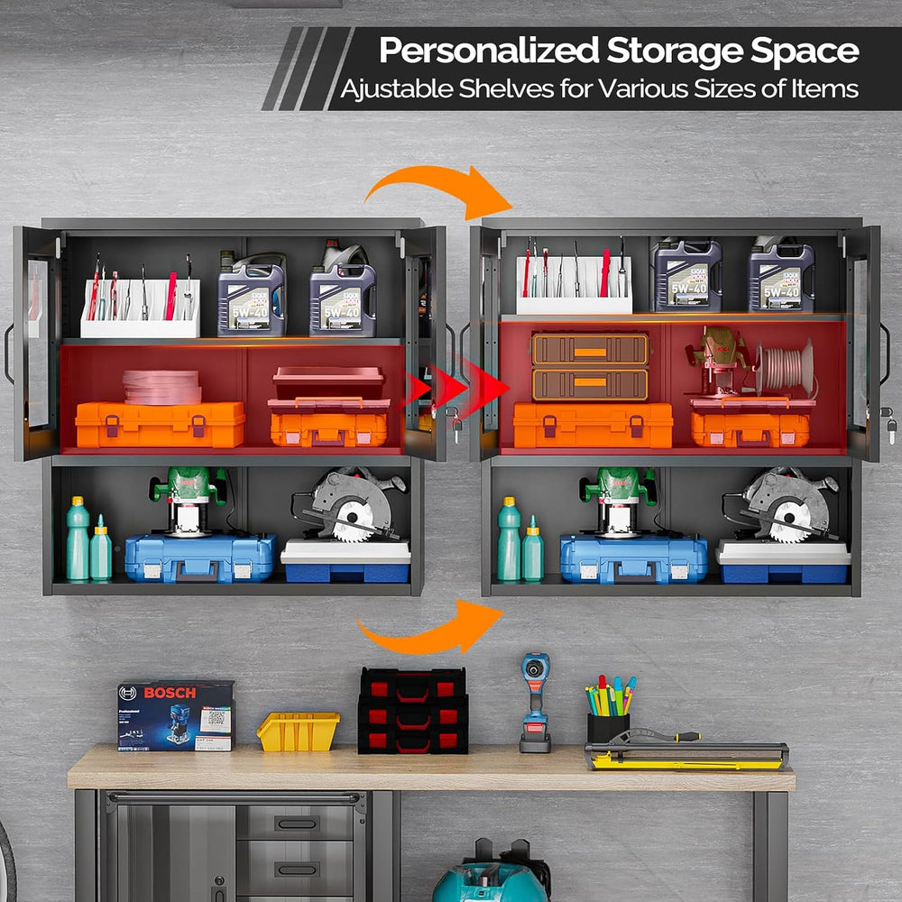 VINGLI Metal Wall Cabinet with Locking Glass Doors & Magnetic LED Sensor ...
