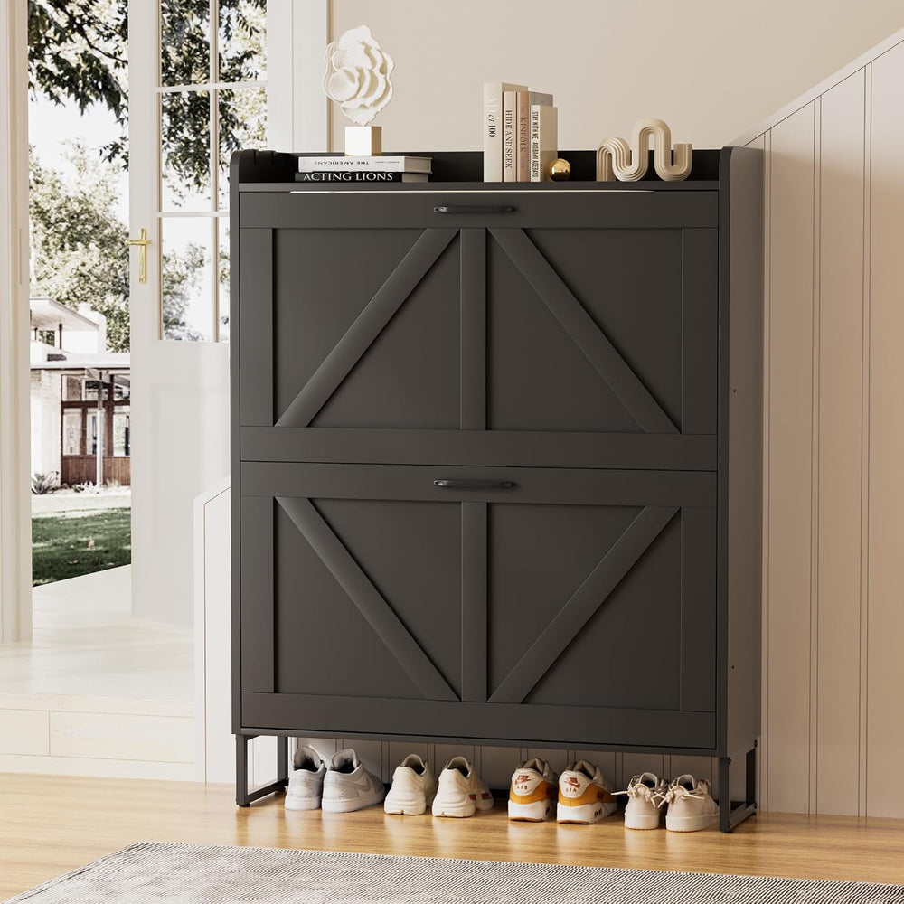 EOYUTLLY Shoe Cabinet for Entryway with 2 Flip Drawers,Narrow Wooden Shoe Sto...