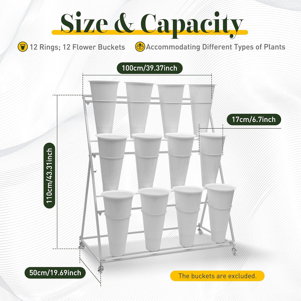 3 Tier Metal Flower Display Stand Frame with 12pcs Buckets,Stepped Flower Pla...