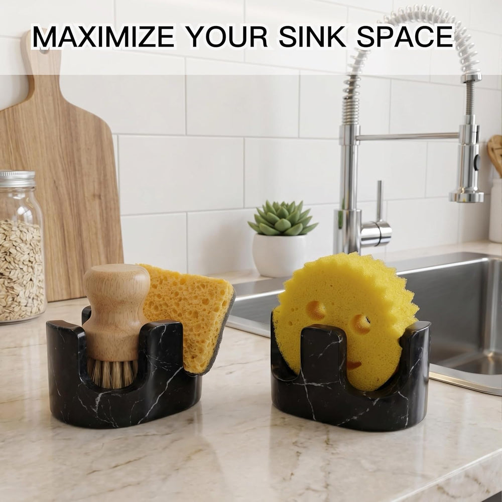 Black Marble Sponge Holder for Kitchen Sink, 2-in-1 Natural Stone Sponge &amp...