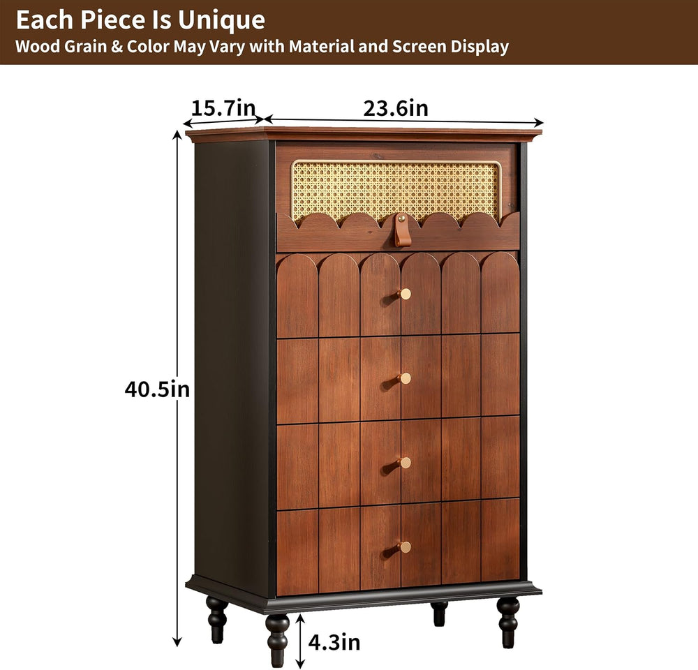Vintage Wooden Storage Unit with Solid Wood Drawer Fronts and Rattan Accent, ...
