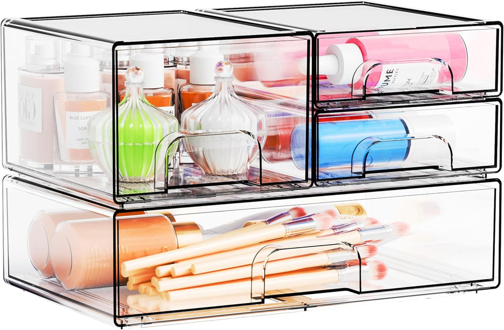 4 Pack Clear Stackable Storage Drawers,Pull-Out Medicine Cabinet Organizer an...