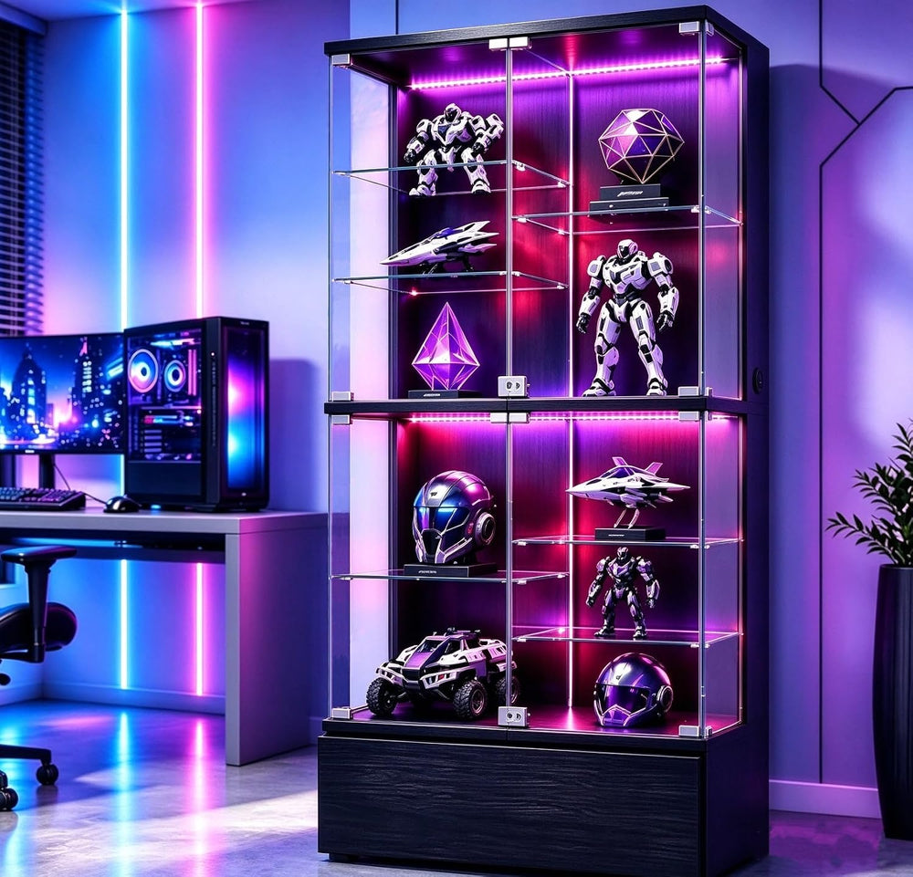 10-tier Glass Display Cabinet with RGB Lights,Curio Cabinet with 2 Locks