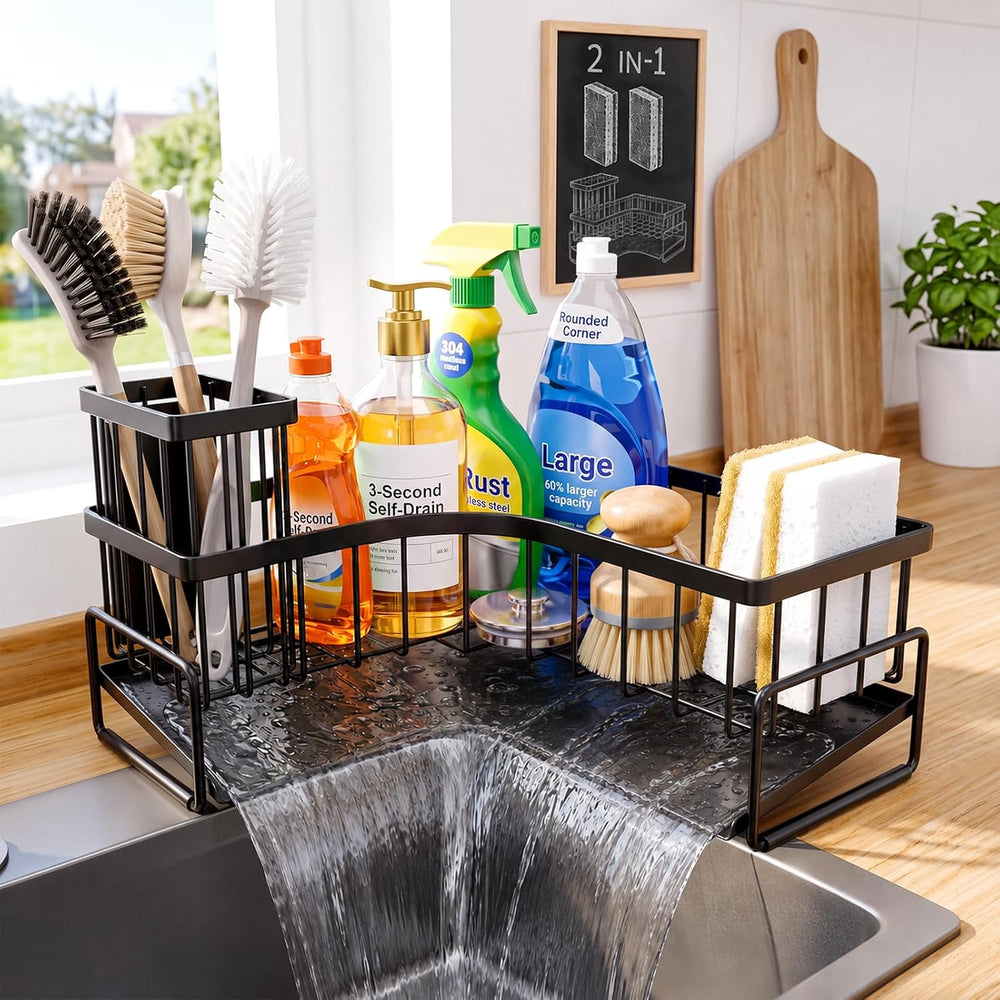 Large Sponge Holder for Kitchen Sink: L-Shaped Sink Caddy with Brush Holder