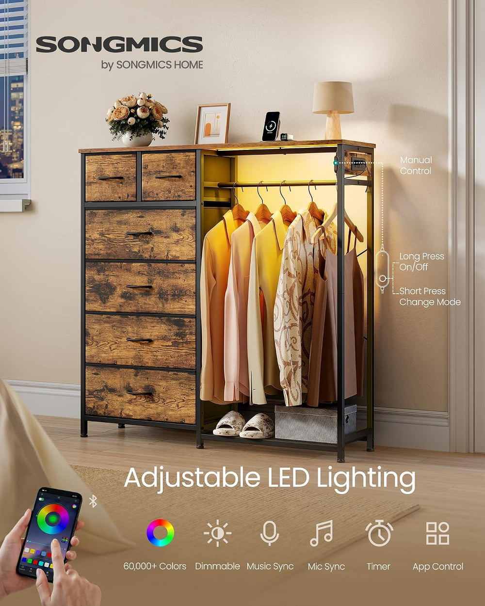 SONGMICS Dresser with Hanging Rod, Closet Organizer with 6 Fabric Drawers