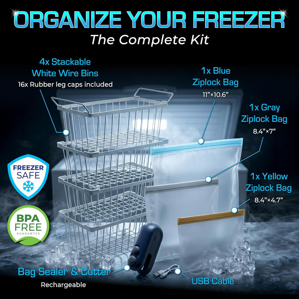 Deep Freezer Organizer Bins 4-Pack White with Portable Heat Sealer & Reus...