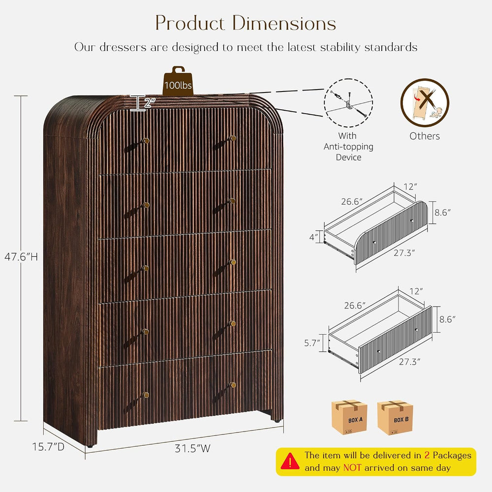 T4TREAM Fluted 48" Tall 5 Drawer Dresser for Bedroom, Dark Walnut