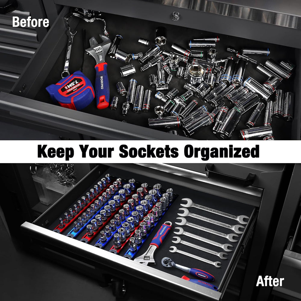 WORKPRO Magnetic Socket Organizer Set, 6-Piece 1/4” 3/8” 1/2” Socket Rails