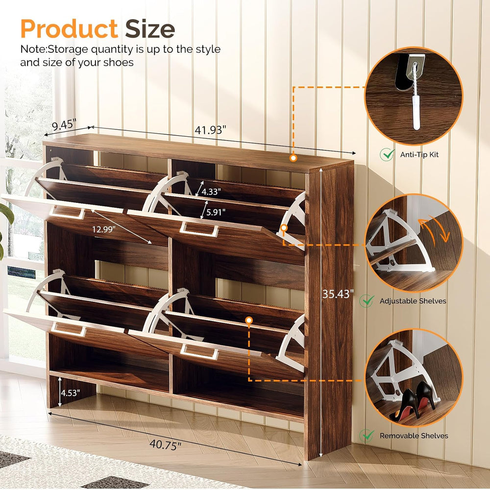 VINGLI Walnut Shoe Cabinet for Entryway, Slim Rustic Shoe Storage Cabinet wit...