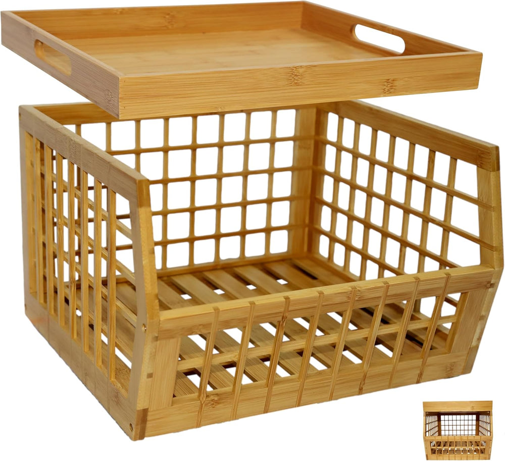 Bamboo Stackable, Open Front, Medium Storage Bins with Serving Tray Lid