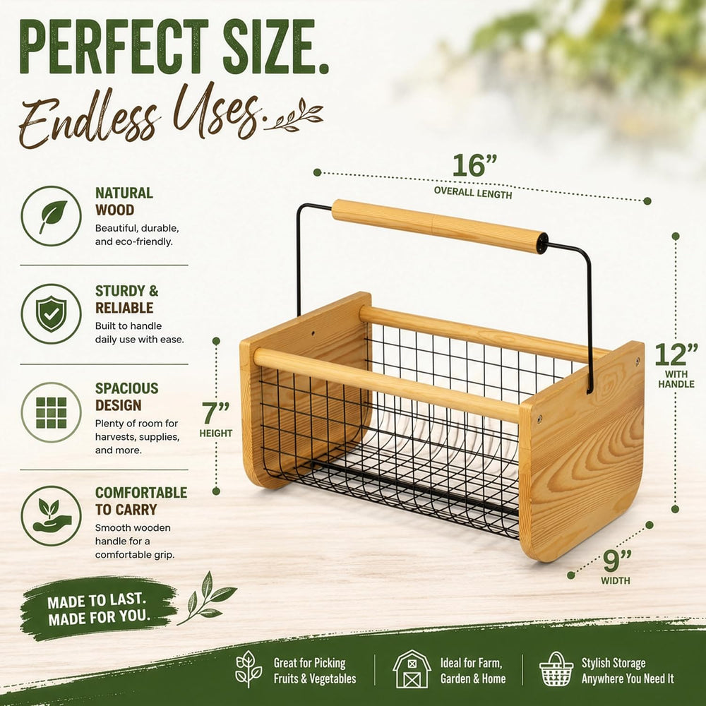 Gardenised Vintage Harvest Basket Pine Wood & Metal Mesh Wire Design Wood...