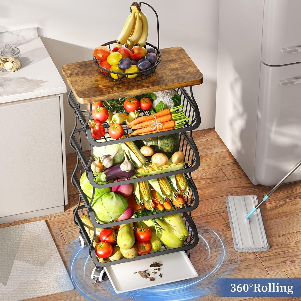 SAYZH 5-Tier Fruit and Vegetable Basket Stand for Kitchen, Wood Top, Black