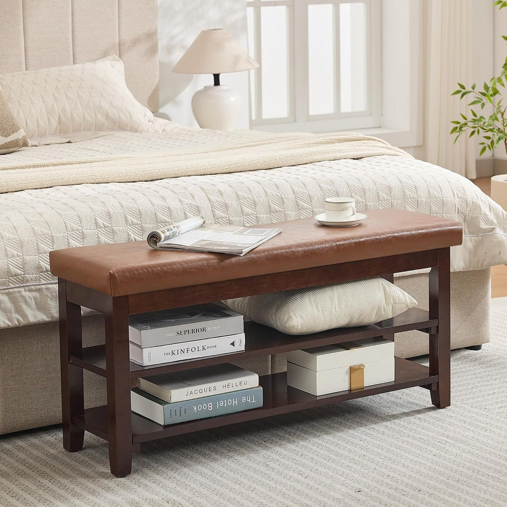 40" Solid Wood Shoe Storage Bench, 2 Tier Shoe Rack for Entryway