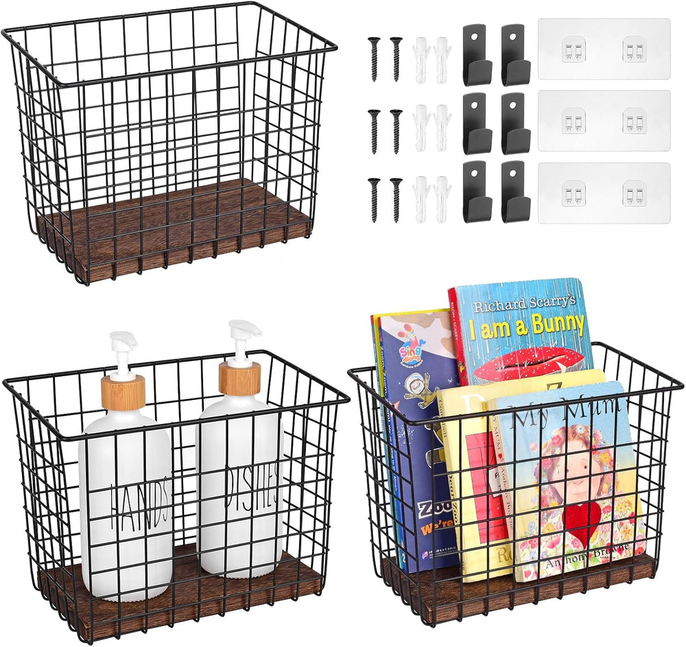Wall Hanging Baskets, 3 Wooden Wire Bins with Hooks & Adhesive Mount(Large)