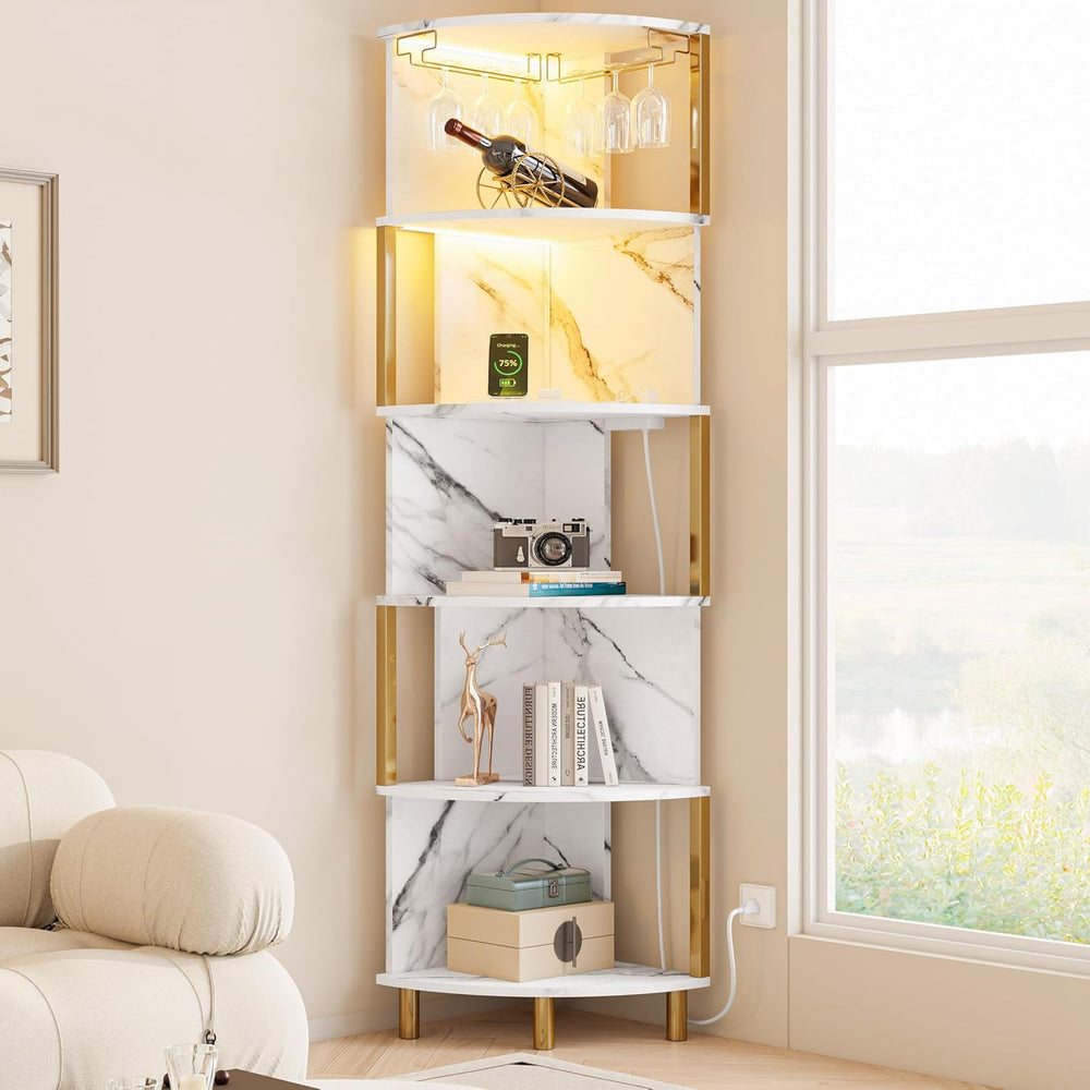 IRONCK Corner Bar Cabinet with LED Lights & Power Outlets, 5-Tier Corner ...