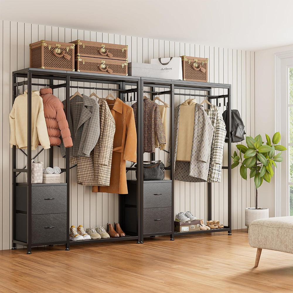 Lulive Clothes Rack with 2 Rods, Shelves, Drawers & Hooks, Garment Rack