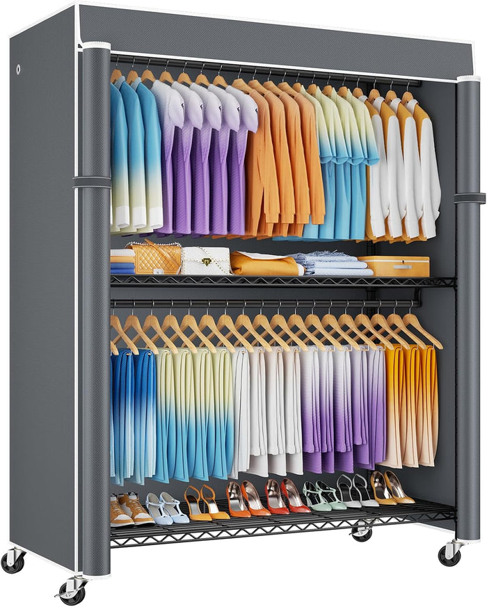 ULIFHOME P8C Max Heavy Duty Clothes Rack（With Extended Width Design） Rolling Clothing Racks for Hanging Clothes with Lockable Wheels，51.2" W x 15.8" D x 80.5" H，Load 800LBS，Black Rack with Grey Cover