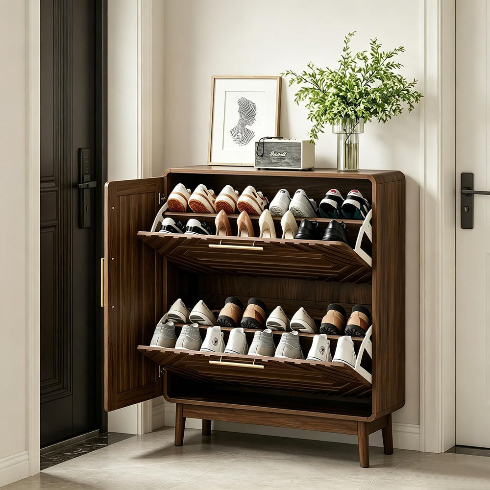 31.5" Walnut Slim Entryway Shoe Cabinet Freestanding Mid-Century Shoe St...