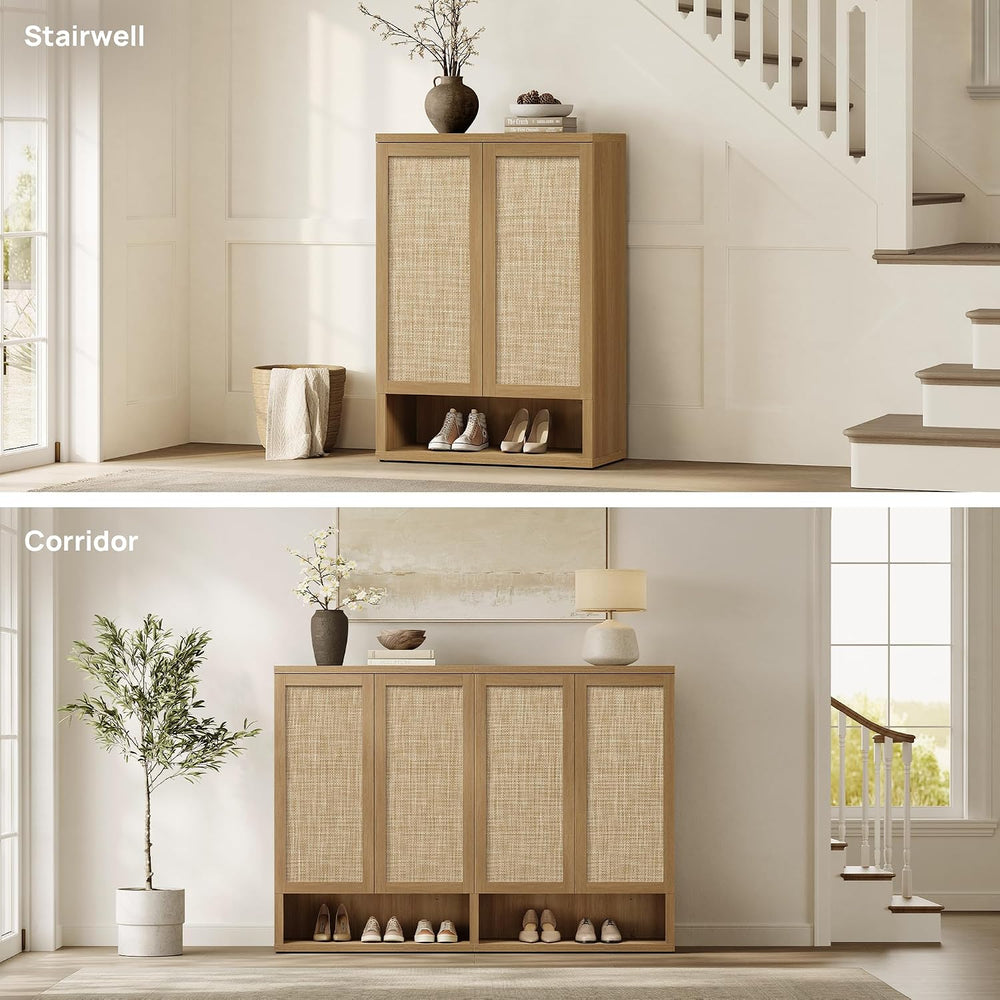 SICOTAS 96.8" Wide Tall Rattan Shoe Storage Cabinet for Entryway with Doors