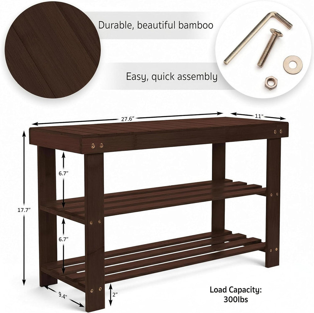 Homemaid Living Bamboo 3 Tier Shoe Rack Bench, Premium Shoe Organizer or Entr...