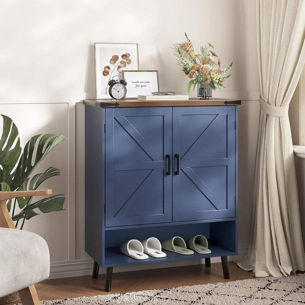Vabches 34" Tall Farmhouse Shoe Storage Cabinet with Barn Doors, Navy Blue