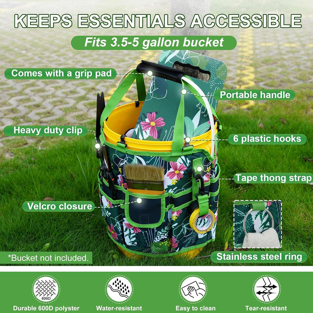 KUNN 5 Gallon Garden Bucket Tool Organizer & Kneeling Pad Set, Green