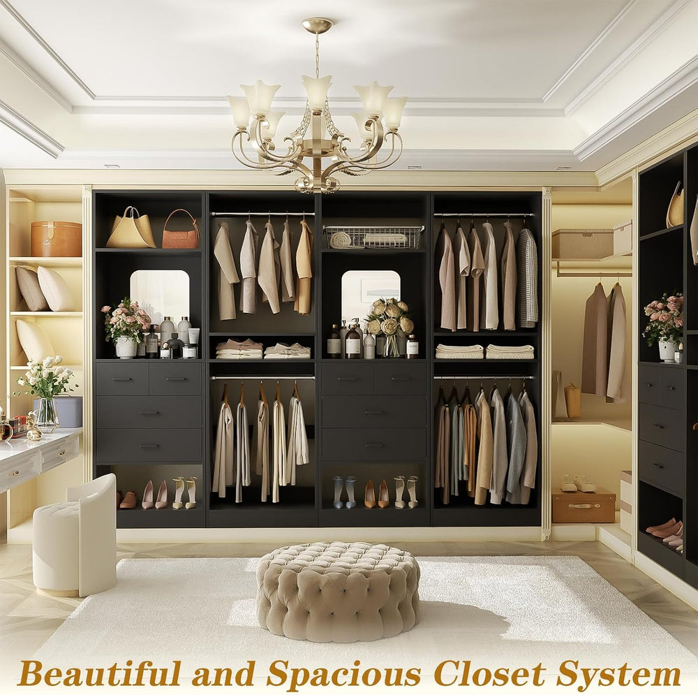 Unikito 100” Closet System with Drawers, 8.3FT Wood Closet Organizer with Han...